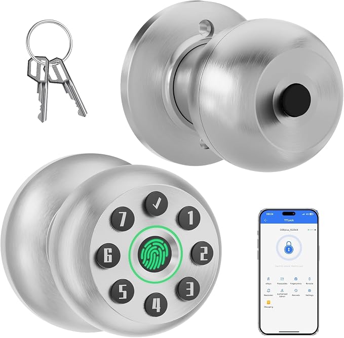 Fingerprint Door Knob, Smart Door Knob, Biometric Door Knob with Code, App Control, Auto Lock, Fingerprint Door Lock,Thumb Print Door Knobs for Bedroom, Office, Apartment,Satin Nickel