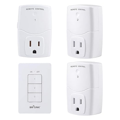 BN-LINK Mini Wireless Wall-Mounting Remote Control Outlet Switch Power Plug in for Household Appliances, Wireless Remote Light Switch, LED Light Bulbs, White (3 Outlets)