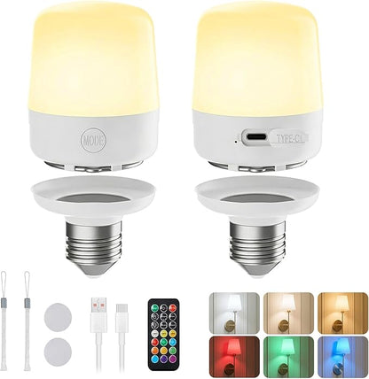 Minetom E26 Rechargeable Light Bulbs with Remote and Timer, Battery Backup Bulb with 12 Colors and Brightness Dimmable, 2300mAh 40W Equivalent LED Light Bulbs for Lamps Sconces Camping, 2 Pack