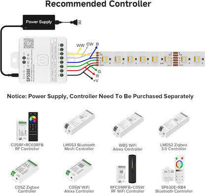BTF-LIGHTING RGBCCT LED Strip UL Listed 16.4ft 60LED/m 300LED DC12V IP30 | White LED Tape 12mm wide 5 Colors in 1 RGB+Dimmable Tunable Color Temperature 2700K-6500K for Decor(No Adapter or Controller)