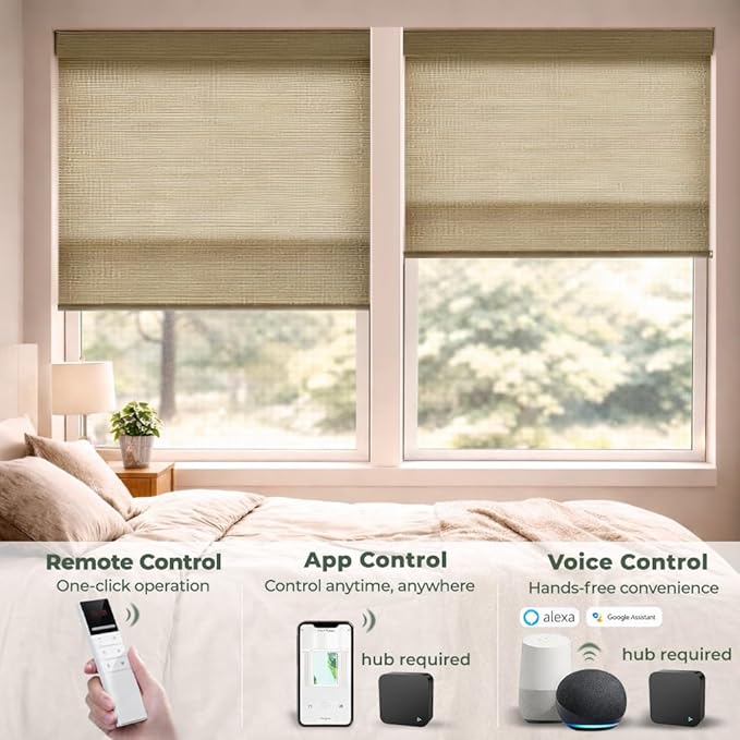 ZSHINE Motorized Linen-Look Roller Shades for Windows, Rechargeable Smart Light Filtering Blinds Compatible with Alexa (82189C)