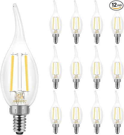 Energetic 12 Pack Dimmable Candelabra Led Light Bulb, CA11 Shape,Flame Tip Style, 60 Watt Equivalent, 4000K Cool White, E12 Base, Led Candelabra Bulb,CRI 90+, Halloween Christmas Decoration