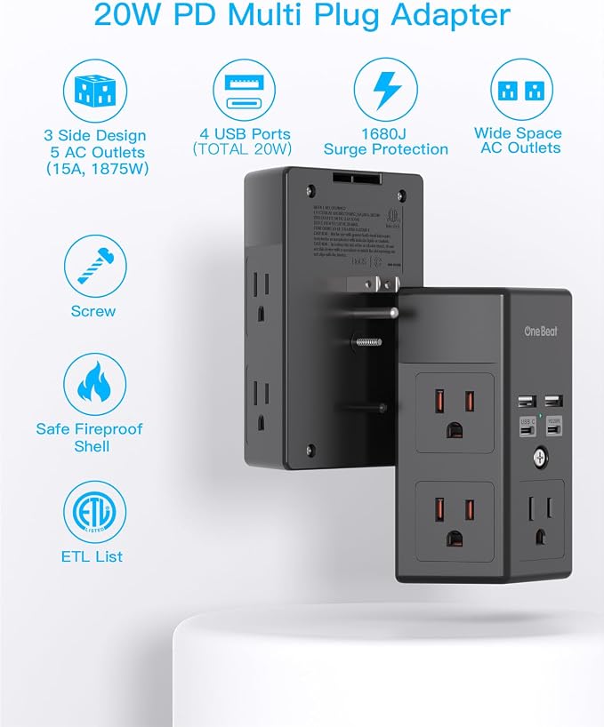 One Beat Surge Protector Wall Outlet Extender, 5 Outlets & 4 USB Ports (20W USB-C PD), 1680J, 3-Sided Multi Plug Outlet Adapter, Outlet Splitter, Wall Mount, ETL Listed for Home Office Travel-Black