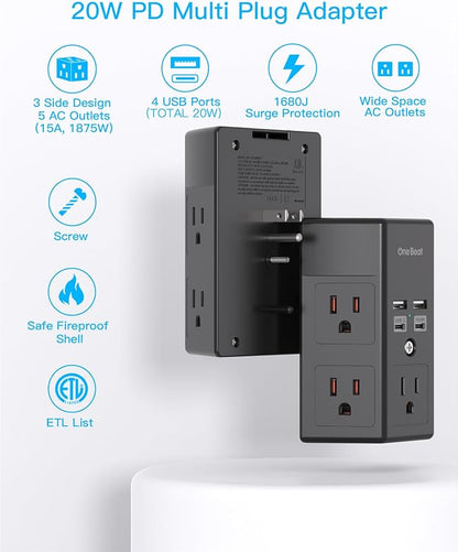 One Beat Surge Protector Wall Outlet Extender, 5 Outlets & 4 USB Ports (20W USB-C PD), 1680J, 3-Sided Multi Plug Outlet Adapter, Outlet Splitter, Wall Mount, ETL Listed for Home Office Travel-Black