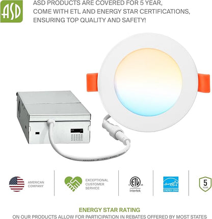 ASD 6 Pack LED Recessed Lighting 4 Inch 12W, 5 CCT 2700K-5000K CRI90+, IC Rated Ultra Thin Dimmable Ceiling Lights with J Box, Canless Wafer Downlight, Round Slim Panel Light, Energy Star ETL, White