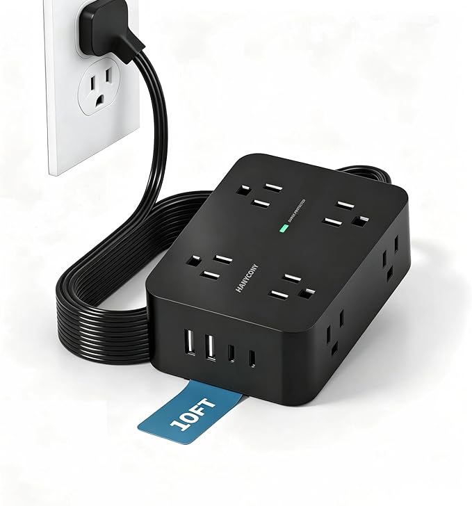 10 Ft Power Strip Flat Plug, Extension Cord Surge Protector, Flat Wall Plug