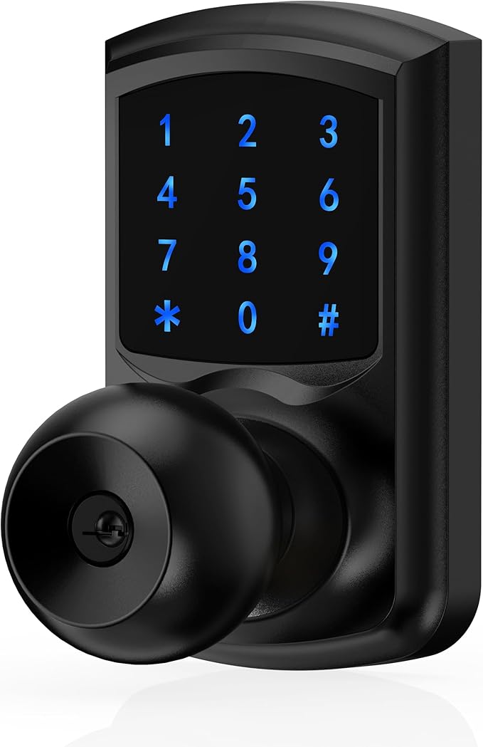 Hidalife Keyless Entry Door Knob with Code, Digital Door Lock with Keypad, Touchscreen Keypad Door Lock with Handle for Front Door Bedroom Home, Auto-Lock, Matte Black