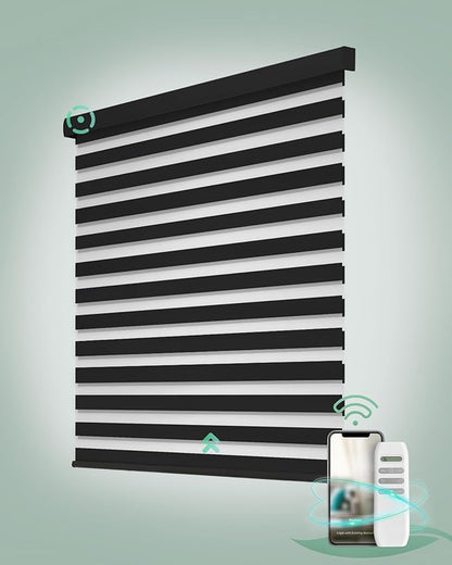 Yoolax Motorized Zebra Blinds, Remote Zebra Shades for Indoor Windows, Motorized Shades with Remote Light Control Horizontal Window Blinds Custom Size(70% Shading Wool Black)