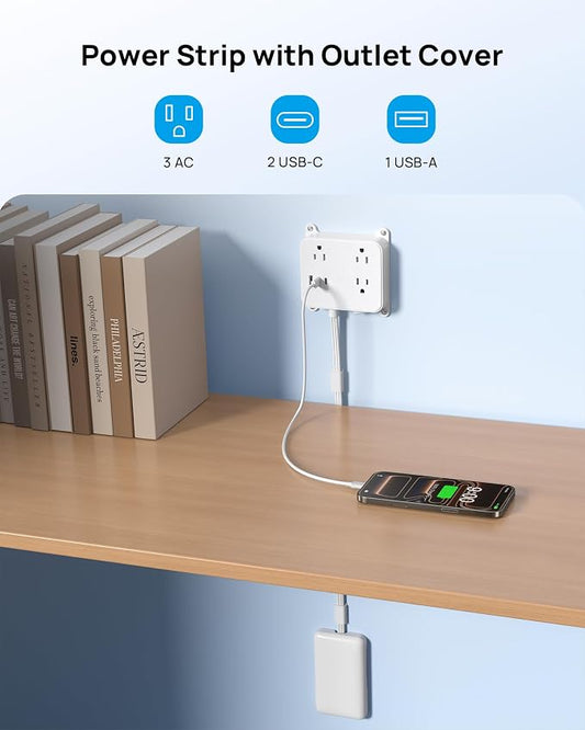 TROND Flat Power Strip with Outlet Concealer, 3 FT Short Extension Cord | 3 Widely Spaced AC Outlets, 3 USB Charger(2 USB C Ports), Wall Mount Outlet Cover for Nightstand Couches Home Essentials
