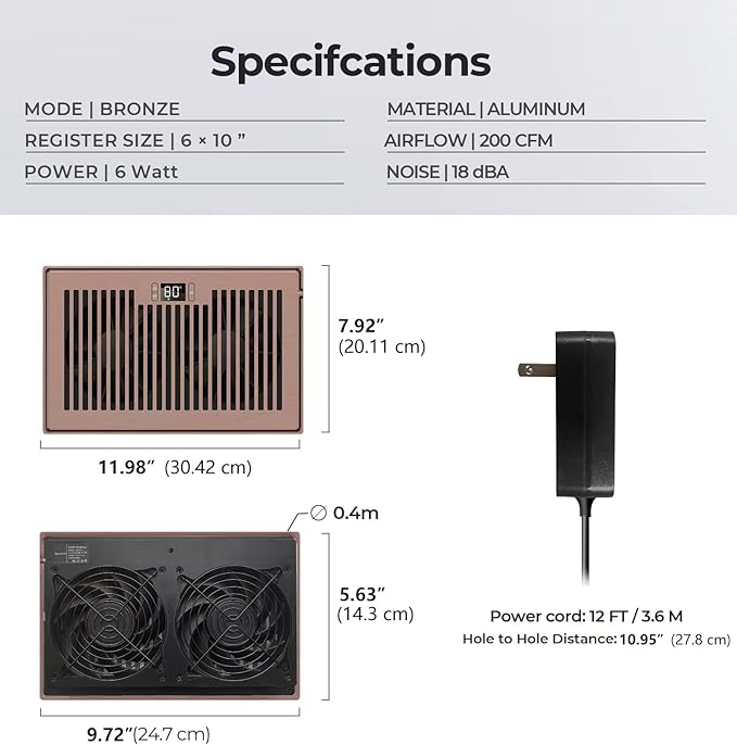 BIOWIND Quiet Register Booster Fan Fits 6" x 10" Register Holes, 10-Speed Smart Heating Cooling AC Vent Fan with Remote Control and Thermostat Control - Bronze