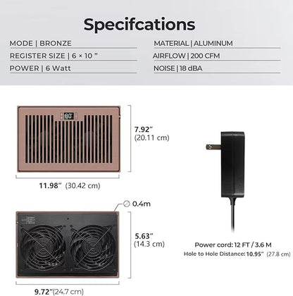 BIOWIND Quiet Register Booster Fan Fits 6" x 10" Register Holes, 10-Speed Smart Heating Cooling AC Vent Fan with Remote Control and Thermostat Control - Bronze