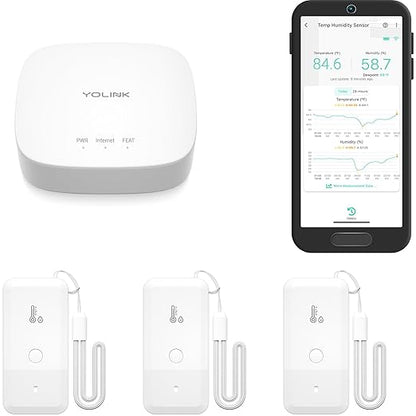 YoLink Smart Wireless Thermometer Hygrometer, 3-Pack, Wide Temp Range for Freezer, Fridge, Green House, Pet Cage, App Alerts, Emails, Text/SMS alerts, 5 Years Battery Life- Hub Included