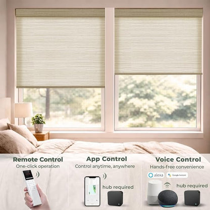 ZSHINE Motorized Linen-Look Roller Shades for Windows, Rechargeable Smart Light Filtering Blinds Compatible with Alexa (82190B)