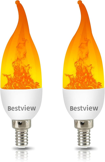 Bestview LED Flame Effect Light Bulbs,3 Modes Flickering Light Bulbs, Smart E12 Chandelier Base Candle Fire Light Bulb for Halloween, Christmas,Party, Porch, Indoor&Outdoor Home Decoration -2 Pack