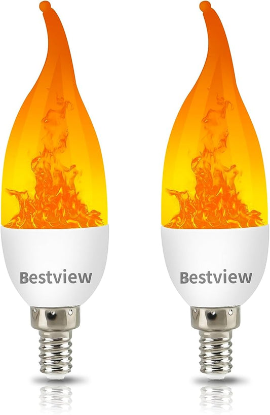 Bestview LED Flame Effect Light Bulbs,3 Modes Flickering Light Bulbs, Smart E12 Chandelier Base Candle Fire Light Bulb for Halloween, Christmas,Party, Porch, Indoor&Outdoor Home Decoration -2 Pack