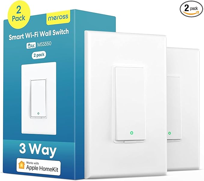 3 Way Smart Switch, Meross Smart Light Switch Supports Apple HomeKit, Siri, Alexa, Google Assistant & SmartThings, 2.4Ghz WiFi Light Switch Neutral Wire Required, Remote Control Timer 2 Pack