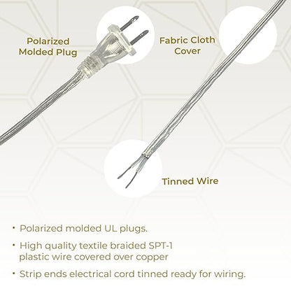 Royal Designs Lamp Cord Molded Plug with Rotary Dimmer Switch, Stripped Ends Ready for Wiring, 8 ft long, Silver, SPT-1 UL Listed