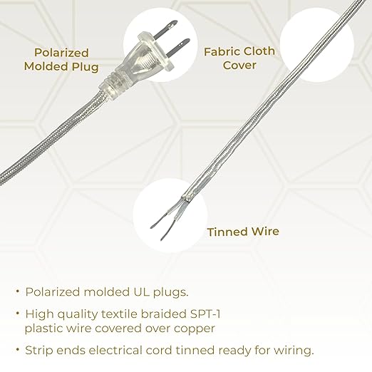 Royal Designs Lamp Cord Molded Plug with Rotary Dimmer Switch, Stripped Ends Ready for Wiring, 8 ft long, Silver, SPT-1 UL Listed