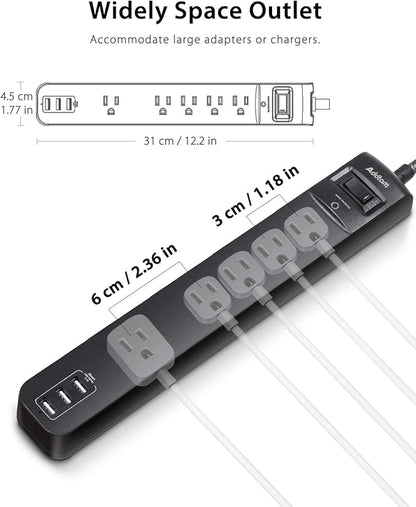 10Ft Long Surge Protector Power Strip - Extension Cord with Multiple Outlets, 5 Widely Outlets 3 USB Charging Ports, Flat Plug Overload Surge Protection, Wall Mount for Home, Office ETL Listed, 2 Pack