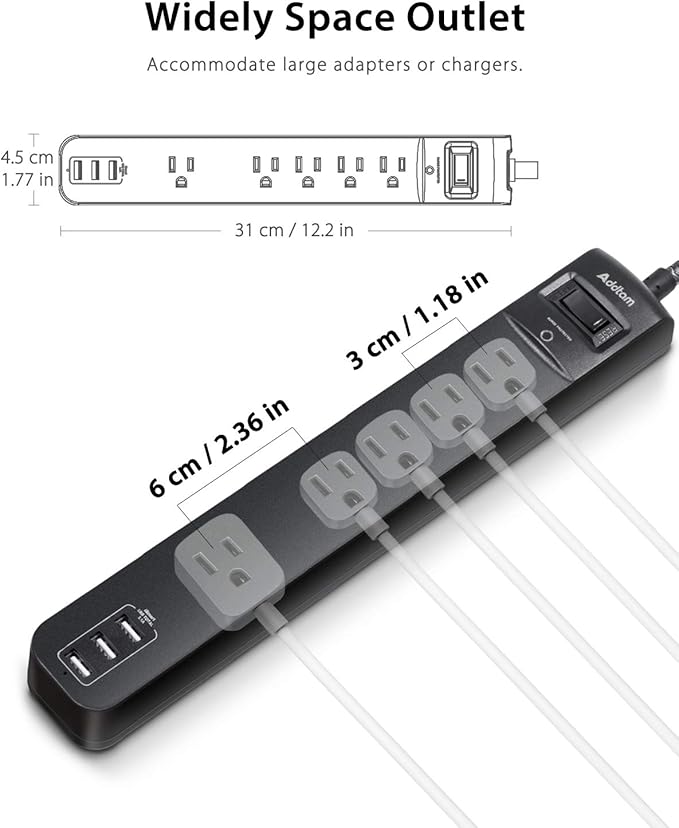15FT Power Strip Surge Protector - Extension Cord with 5 Widely Outlets 3 USB Charging Ports, Flat Plug Overload Surge Protection, Wall Mount, Multi Outlet Extender for Home, Office ETL Listed, 2 Pack