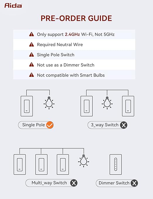 AIDA Smart Light Switch, Single Pole WiFi Smart Switch, Works with Alexa and Google Home, Neutral Wire Required, 2.4Ghz WiFi Switch for LED, CFL, Incandescent Bulbs, No Hub Required, White, 1 Pack