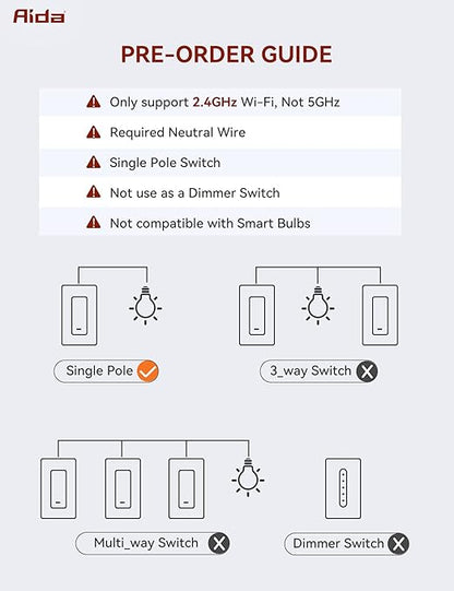 AIDA Smart Light Switch, Single Pole WiFi Smart Switch, Works with Alexa and Google Home, Neutral Wire Required, 2.4Ghz WiFi Switch for LED, CFL, Incandescent Bulbs, No Hub Required, White, 1 Pack