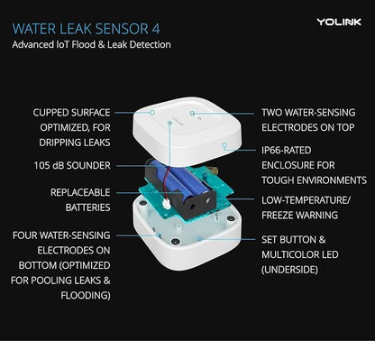 Water Leak Sensor 4 with 105dB Audio Alarm 3-Pack, SMS/Text, Email & Push Notifications, Freeze Warning, LoRa Up to 1/4 Mile Open-Air Range, w/Alexa, IFTTT, Hub Required!