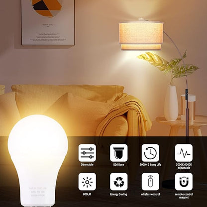 A19 LED Light Bulbs with Remote Control, 800LM 9W, 60W Equivalent LED Bulbs,Stepless Dimmable 3000K-6000K,E26 Base,CRI 80+,2.4GHz,25000+ Hours Lifespan,Light Bulb for Home Decor,2Bulb&2Remote