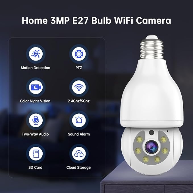 EVERSECU HD 2K 3.0MP Wireless Lightbulb Security Camera with E27 Light Connector, Motion Auto Tracking PTZ, 2 Way Audio, Spotlight Night Vision, Free APP, WiFi Screw-in CCTV Camera, White(4pack)