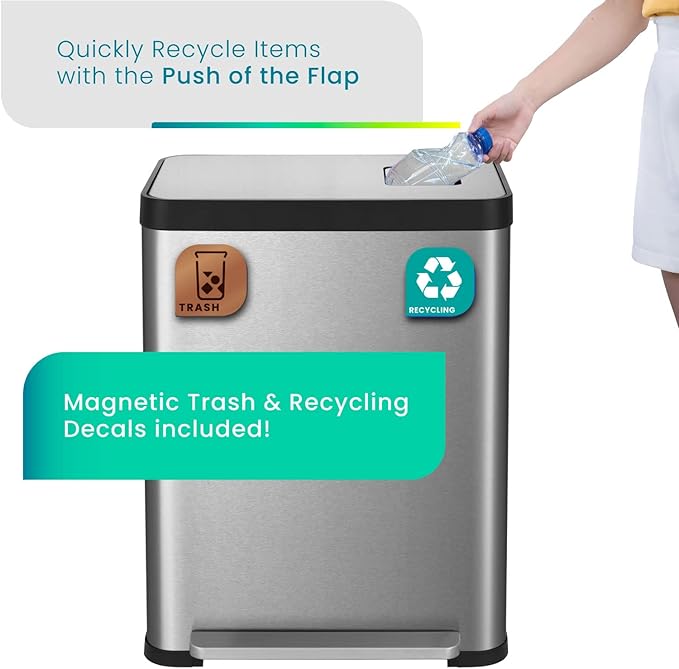 Home Zone Living 19 Gallon Kitchen Trash Can with Dual Compartments for Recycling, CleanAura Odor Control, Stainless Steel, Silver, 70 Liters Total