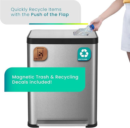 Home Zone Living 19 Gallon Kitchen Trash Can with Dual Compartments for Recycling, CleanAura Odor Control, Stainless Steel, Silver, 70 Liters Total