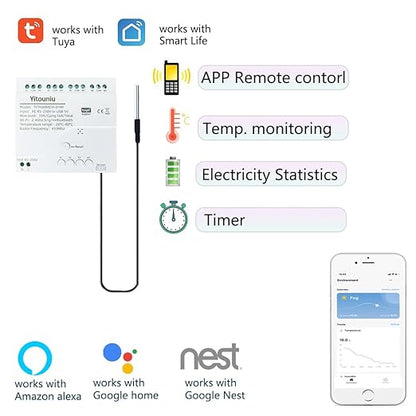 Tuya WiFi Temperature Sensor, 4CH Relay Switch, Independent Control, Home Automation,iOS Android Application, Dry contact,Compatible with Alexa and Google Home, White