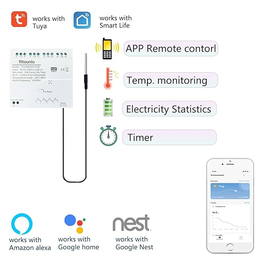 Tuya WiFi Temperature Sensor, 4CH Relay Switch, Independent Control, Home Automation,iOS Android Application, Dry contact,Compatible with Alexa and Google Home, White