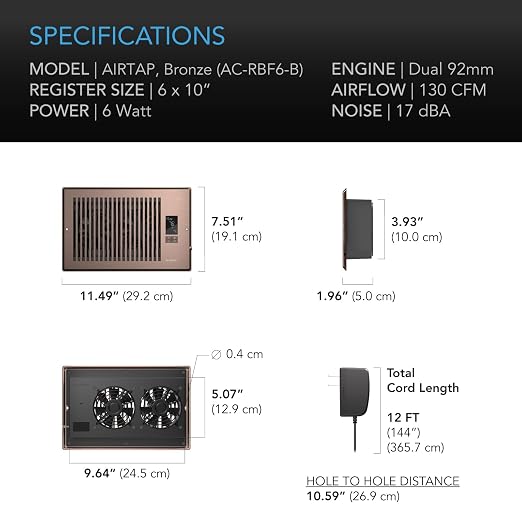 AC Infinity AIRTAP T6, Bronze Register Booster Fan for 6”x10” Openings | LCD Temperature Controller, Bluetooth, Quiet 10-Speeds