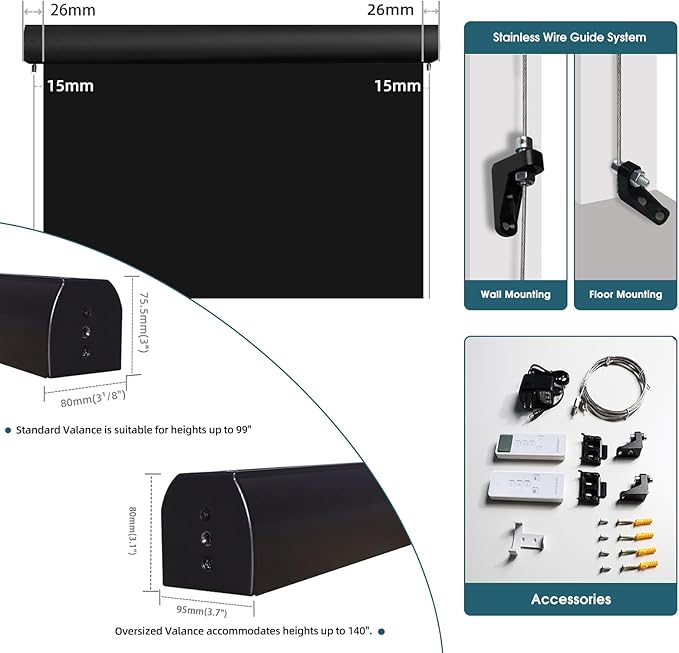 Motorized Outdoor Roller Shades,Patio Roll Up Blind Work with Alexa,Google Home,Apple Homekit,Remote Control Sun Shade,Waterproof &Windproof Smart Blinds for Porch,Sirus Black, 5% Openness