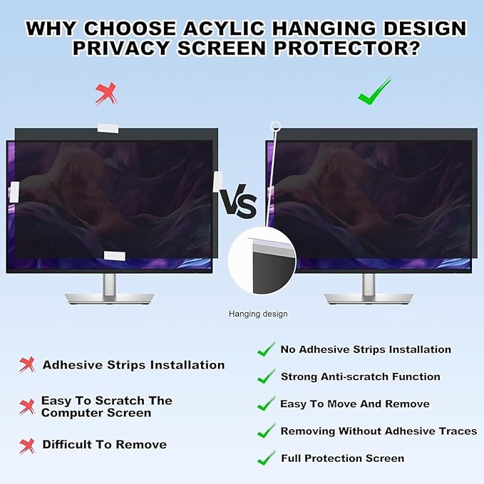 24 Inch Privacy Screen for Monitor (16:9), Hanging Anti-Spy Filter with Blue Light Blocking, Removable Acrylic Desktop Protector for Eye Protection, Ideal for Office, Remote Work & Travel