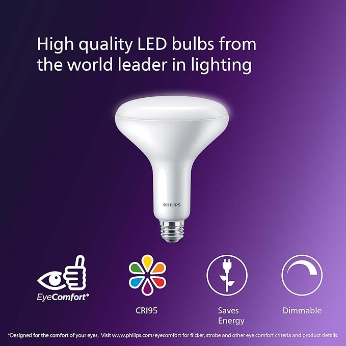PHILIPS LED 65W BR40 1-Pack Ultra Definition Daylight (5000K) 800 Lumen (10W = 65W) Dimmable Frosted Flicker-Free Light Bulb