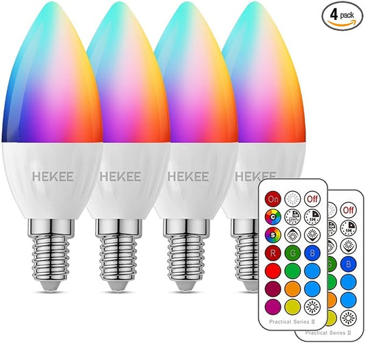 HEKEE E12 Candelabra Light Bulbs, Color Changing Bulb with Remote, Plug-in Only, E12 Base, 12 RGB+2700K Warm White, 40W Equiv (5W), 450LM, Timer, 2 Modes, for Chandelier/Ceiling Fan, 4 Pack