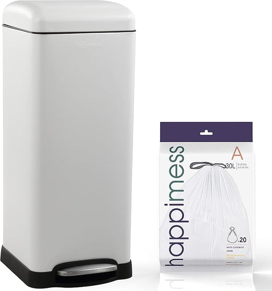 happimess HPM1007A Betty Retro 8-Gallon Step-Open Trash Can with Soft-Close Lid, Fingerprint Resistant, Modern, Minimalistic for Home, Kitchen, Laundry Room, Office, Bedroom, Bathroom, White