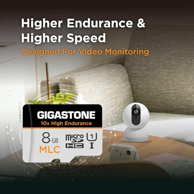 [10x High Endurance] GIGASTONE Industrial 8GB MLC Micro SD Card 2-Pack, Full HD Video Recording, Security Cam, Dash Cam, Surveillance Compatible 85MB/s, U1, with Adapter [5-Yrs Free Data Recovery]