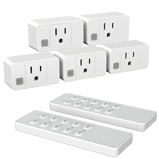 Wireless Remote Control Outlet Switch, Remote Plug Sockets 230ft RF Range, Remote Light Switch Kit for Household Appliances, 5 Outlets + 2 Remotes, 1800W, White