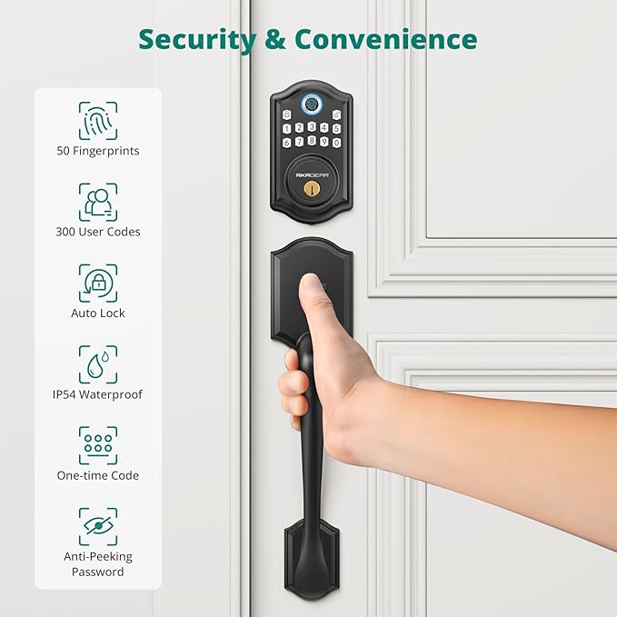 AkaGear DS10 Keyless Entry Door Lock with Handle Set - Fingerprint DeadBolt, Electronic Keypad Deadbolt, Smart Locks for Front Door, Auto-Lock & One Touch Locking, Easy Installation - Matte Black