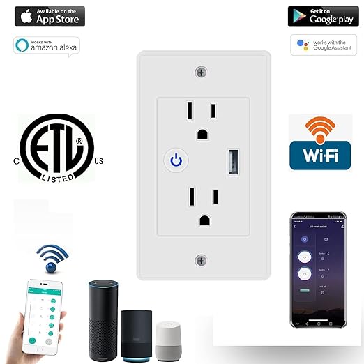 Jinvoo Smart WiFi Outlet Socket with USB 2 AC Individual Control by Smart Life app Compatible with Amazon Alxa Echo Google Assistant Remote Control Timer Schedule White 2 Pack