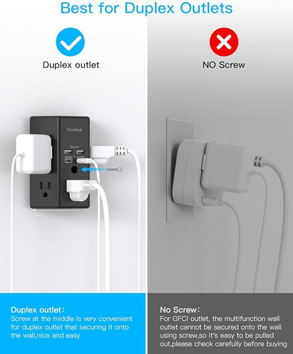 One Beat Surge Protector Wall Outlet Extender, 2 Pack 5 Outlets & 4 USB Ports (2 USB-C), 1680J, 3-Sided Multi Plug Outlet Adapter, Outlet Splitter, Wall Mount, ETL Listed for Home Office Travel-Black