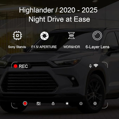 Front 4K Dash Cam for 2020-2025 Toyota Highlander LE Limited L XLE XSE Platinum (Gen4/UX70), OEM Look, Dual HD Video, WiFi & APP, Loop Recording, G-Sensor, Easy to Set, 128GB Card (F10pro)