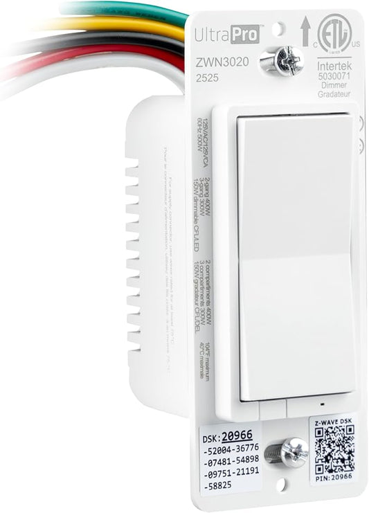 UltraPro Z-Wave Plus Long Range in-Wall Smart Dimmer for Smart Home Automation, 4 Pack, Plastic Yoke, Flying Leads, Single-Pole/3-Way, Hub Required, 76607