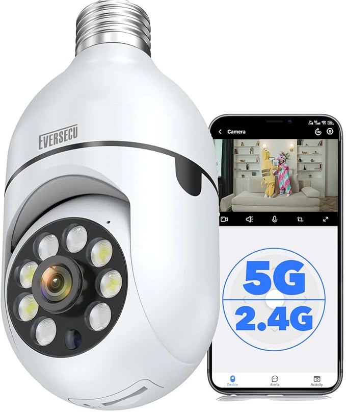 EVERSECU HD 1080P Wireless Light Bulb Security Camera, 2.4g & 5g WiFi, Motion Auto Tracking, 2 Way Audio, Smart Night Vision, Support ONVIF & RTSP, Work with Alexa, SD Card & Cloud Storage, Free App