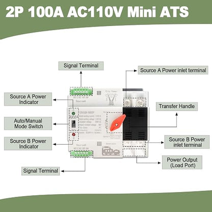 Ketofa 2P 100A AC110V Automatic Transfer Switch, DIN Rail Mini ATS 50/60Hz