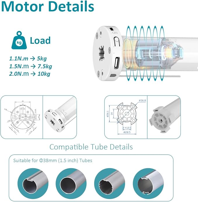 Rechargeable Roller Shade Motor for 1-1/2" Tube, Φ25mm Blind Motor Kit with Type-C Charging, 2600mAh Battery Wireless Tubular Motor for Zebra, Roman and Roller Shades (1.1 N.m Torque)