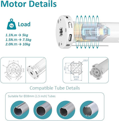 Rechargeable Roller Shade Motor for 1-1/2" Tube, Φ25mm Blind Motor Kit with Type-C Charging, 2600mAh Battery Wireless Tubular Motor for Zebra, Roman and Roller Shades (1.1 N.m Torque)